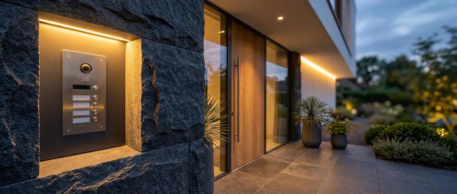 Installation moderne d'un interphone haut de gamme sur un pilier en pierre à l'entrée d'une maison d'architecte.