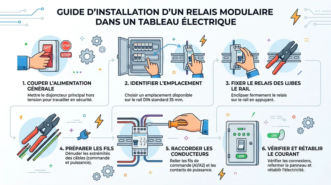 Infographie des étapes d'installation du télérupteur