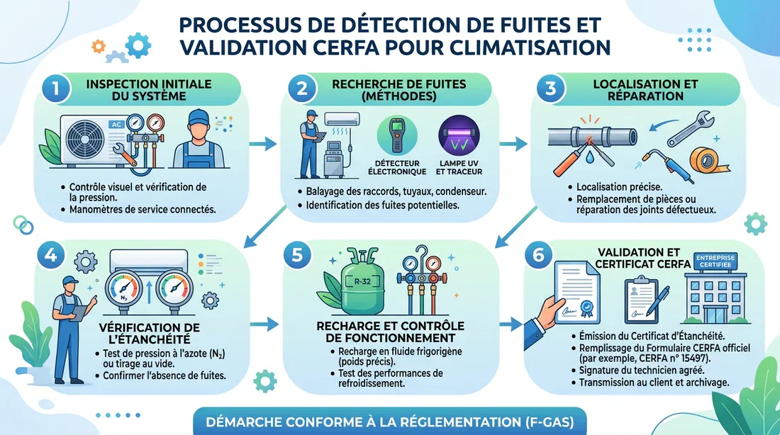 Infographie schématisant les étapes de la réglementation CERFA pour la climatisation
