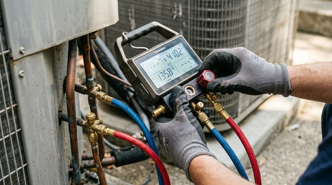 Manomètre de pression frigorifique connecté à un compresseur de climatisation
