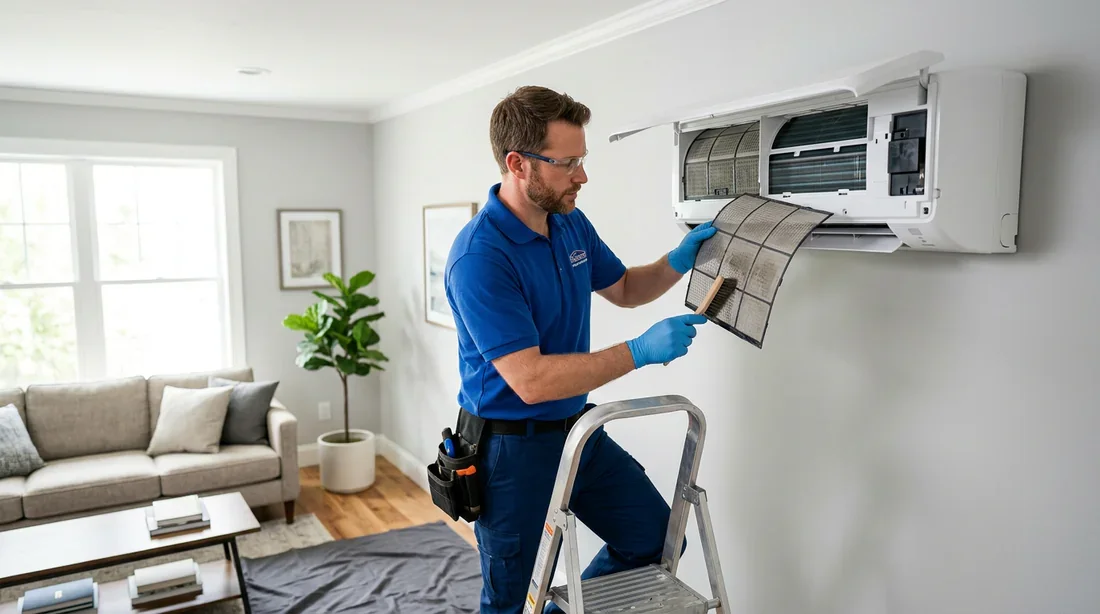 Technicien nettoyant le filtre d'une unité intérieure de climatisation split