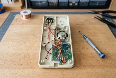 Détail technique d'un combiné d'interphone ouvert avec câblage et outillage.