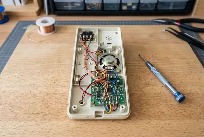 Détail technique d'un combiné d'interphone ouvert avec câblage et outillage.