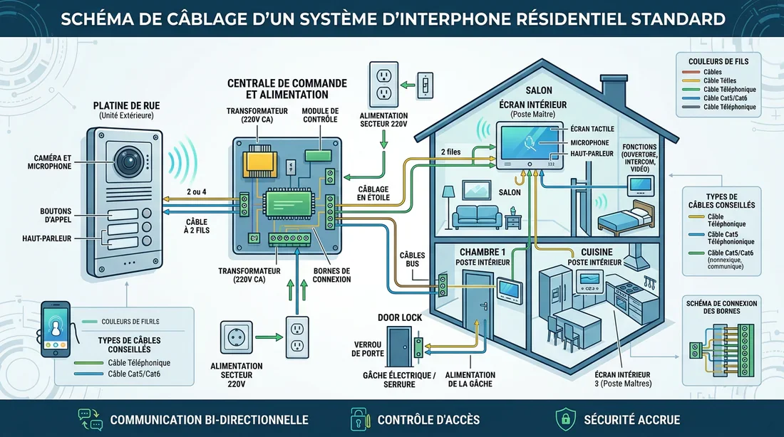 Schéma de câblage d'un système d'interphone résidentiel.