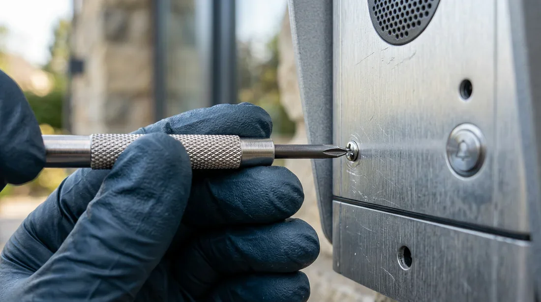 Un technicien utilisant un tournevis de précision pour installer ou réparer une borne d'interphone.
