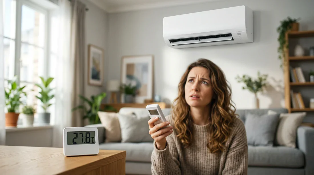 Unité intérieure Daikin et problème de réglage de température Particulier perplexe tenant sa télécommande devant une unité intérieure de climatisation Daikin