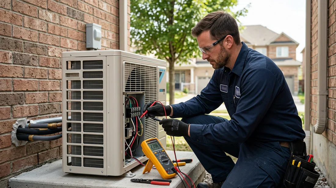 Vérification des connexions électriques Daikin Technicien contrôlant le câblage d'une unité extérieure Daikin
