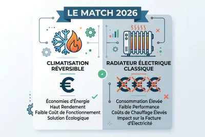 Infographie comparative sur les coûts de chauffage : Climatisation réversible vs Radiateur électrique