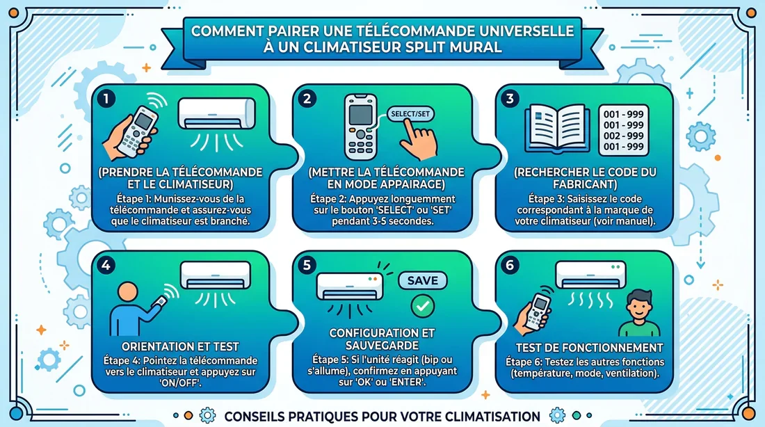 Procédure de synchronisation de la télécommande Infographie expliquant la programmation d'une télécommande universelle de climatisation