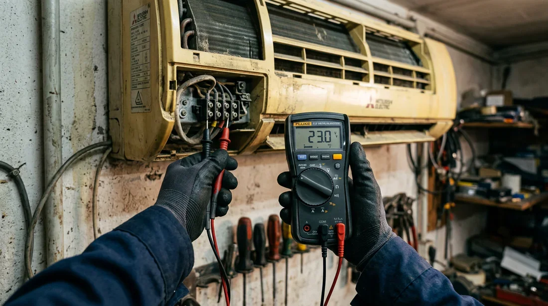 Diagnostic électrique d'une ancienne climatisation Technicien mesurant la tension d'un vieux climatiseur mural avec un multimètre