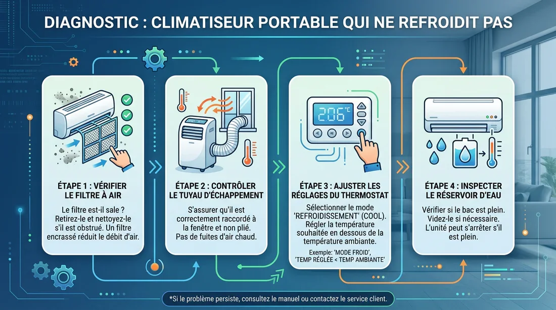 Schéma diagnostic panne de climatisation Infographie expliquant comment diagnostiquer un climatiseur qui ne refroidit pas