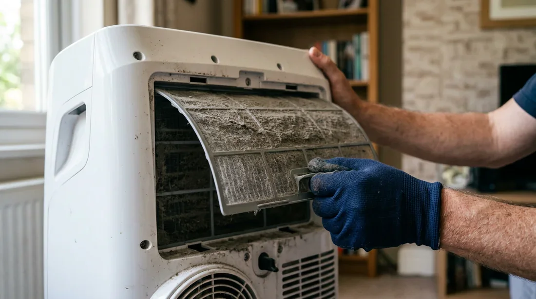 Entretien du filtre à air de climatiseur Nettoyage d un filtre à air très poussiéreux sur un climatiseur mobile