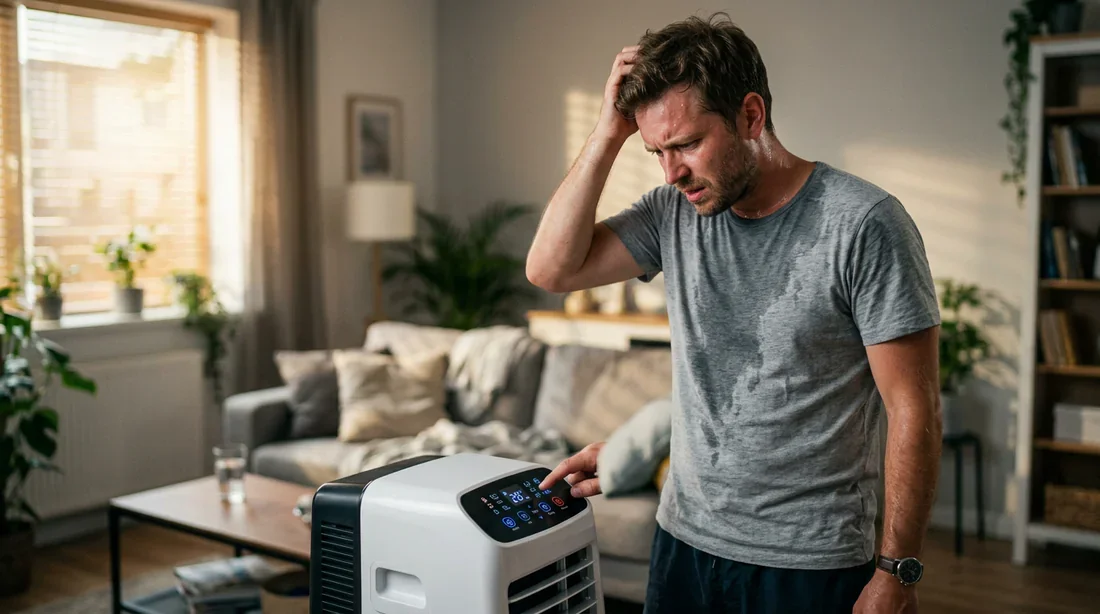 Problème de climatiseur mobile qui ne refroidit plus Personne agacée devant son climatiseur mobile qui ne fait plus de froid dans un salon