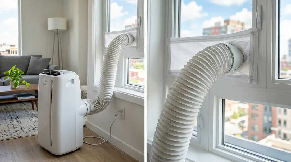 Vérification de la gaine d évacuation d air Tuyau d évacuation de chaleur relié à la fenêtre pour climatiseur portable