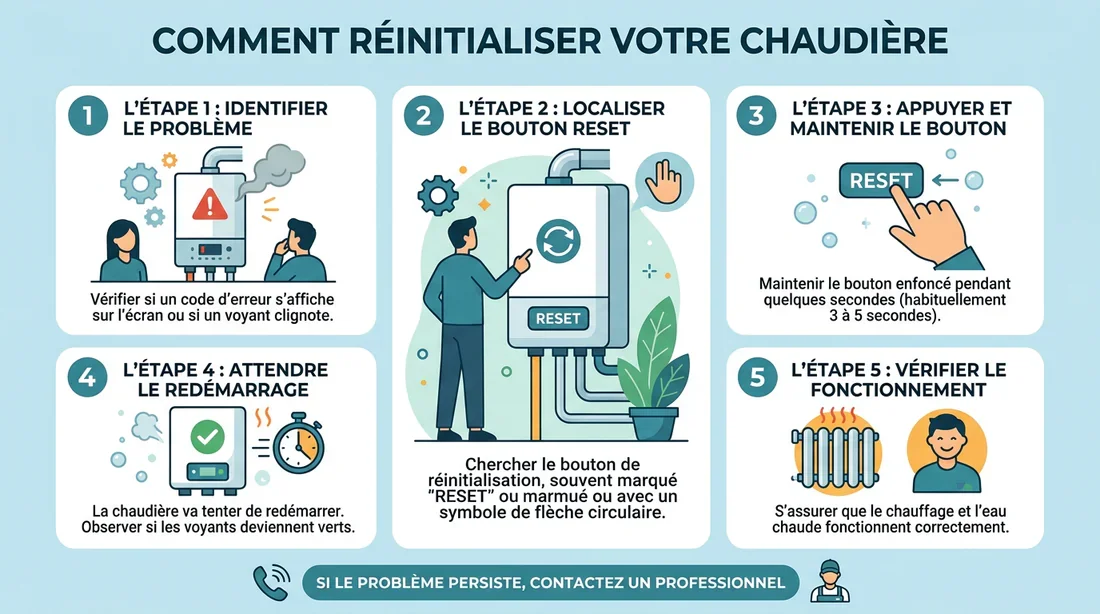 Étapes de réinitialisation Infographie des étapes de réinitialisation d'une chaudière