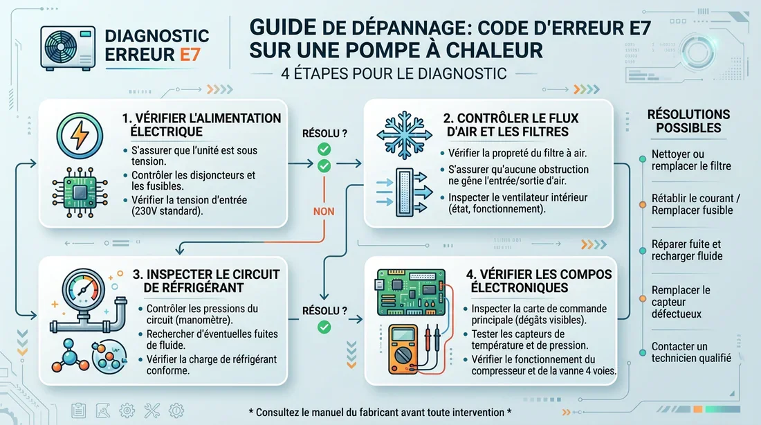 Schéma explicatif des étapes de diagnostic du code erreur E7 sur pompe à chaleur.