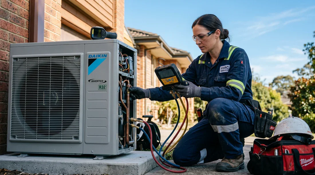 Diagnostic technicien CVC pompe à chaleur Daikin Technicien CVC examinant l'unité extérieure d'une pompe à chaleur Daikin pour réparer une erreur E7.