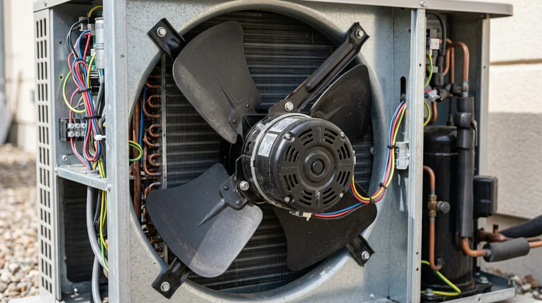 Composants internes du moteur de ventilateur Daikin Vue détaillée du moteur de ventilateur de l'unité extérieure d'une pompe à chaleur Daikin.