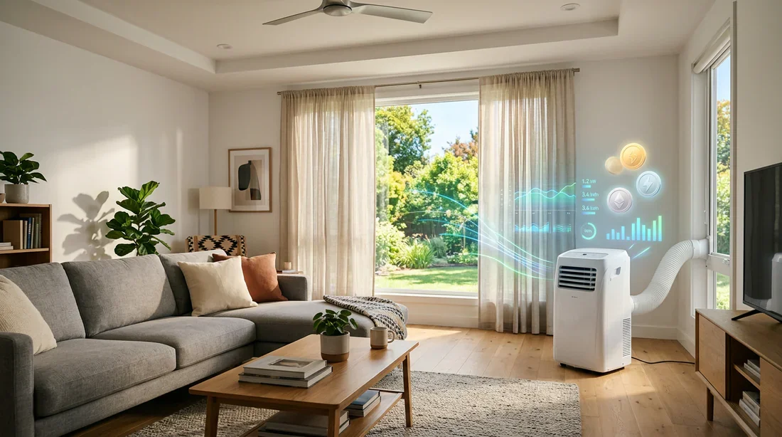 Consommation électrique d'une climatisation mobile en été Climatisation mobile design dans un salon moderne en été avec symboles de consommation électrique