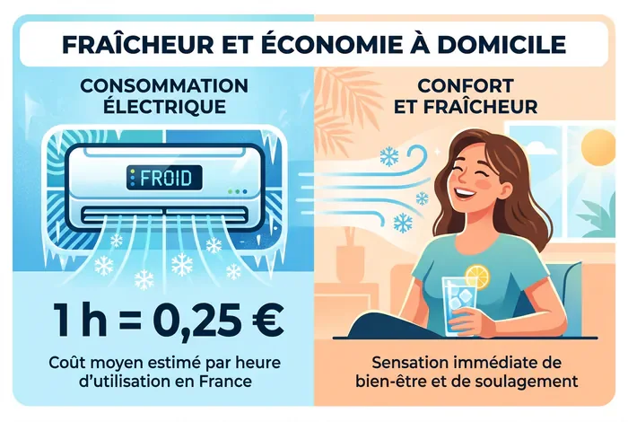 Combien consomme une clim mobile ? Coût réel 2026 - Clim Mobile : Coût en € et 5 Astuces Anti-Gaspillage - Facture d'Électricité : Combien Coûte une Clim Mobile ? Infographie montrant le coût horaire d'utilisation d'une climatisation mobile