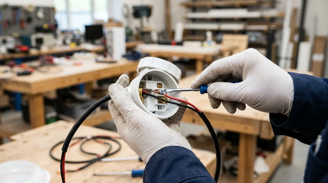 Électricien utilisant un tournevis pour démonter une douille de chantier