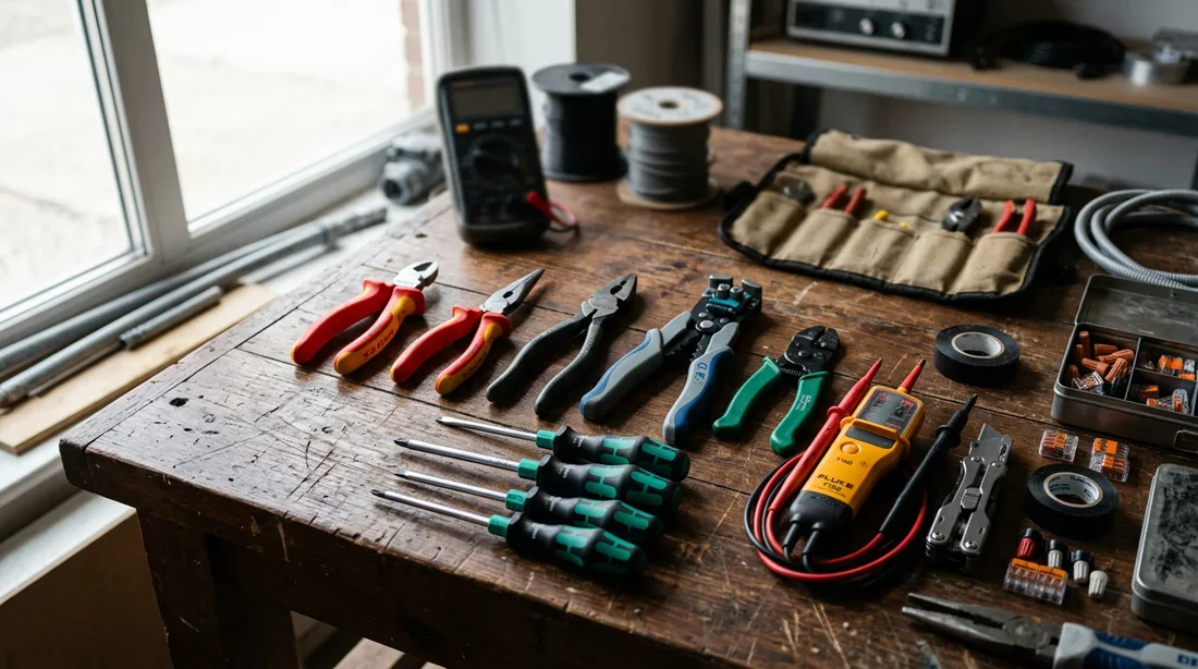 Outils d'électricien essentiels sur un établi