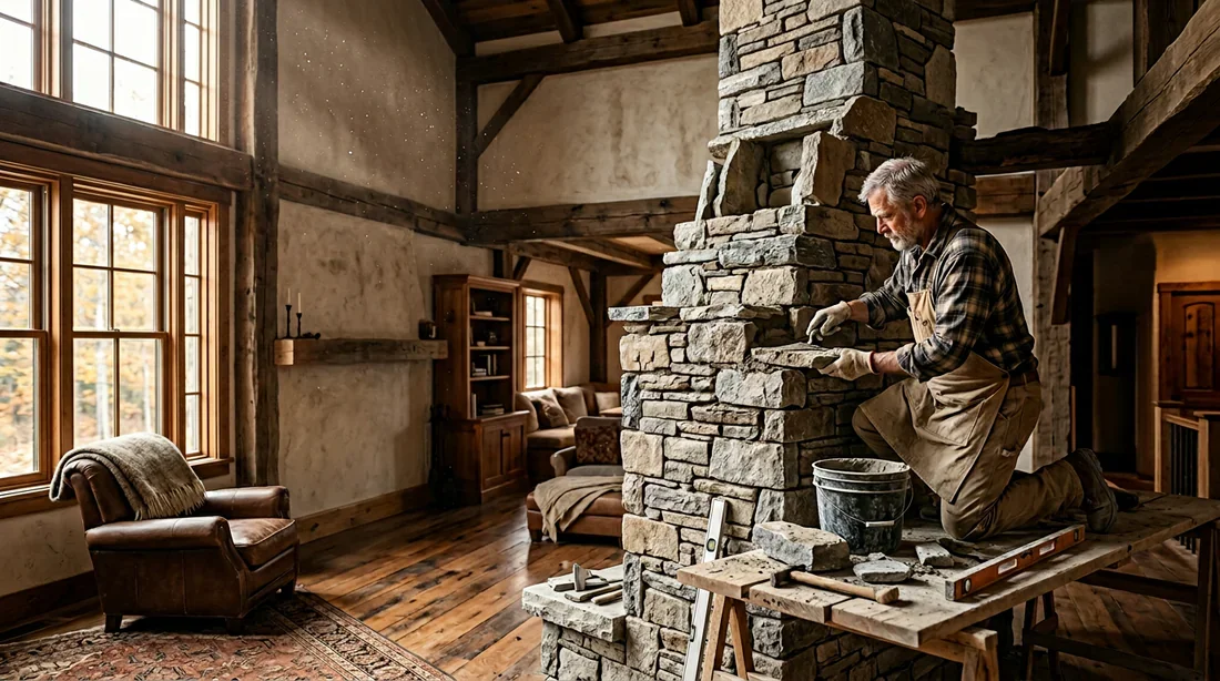 Un artisan maçon en plein travail sur la structure d'un avaloir de cheminée dans un salon élégant.
