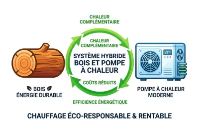 Infographie illustrant le fonctionnement d'un système hybride bois et pompe à chaleur
