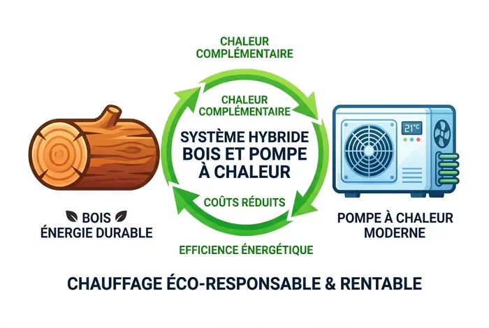 Couplage pompe à chaleur et poêle bois : Guide 2026 - PAC + Poêle bois : -40% sur votre facture ! - Comment coupler pompe à chaleur et poêle à bois ? Infographie illustrant le fonctionnement d'un système hybride bois et pompe à chaleur