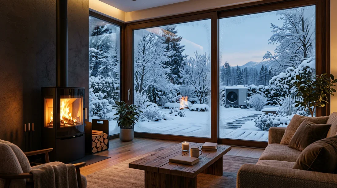 Chauffage hybride : alliance du poêle à bois et de la pompe à chaleur Salon moderne avec poêle à bois design et pompe à chaleur extérieure en hiver