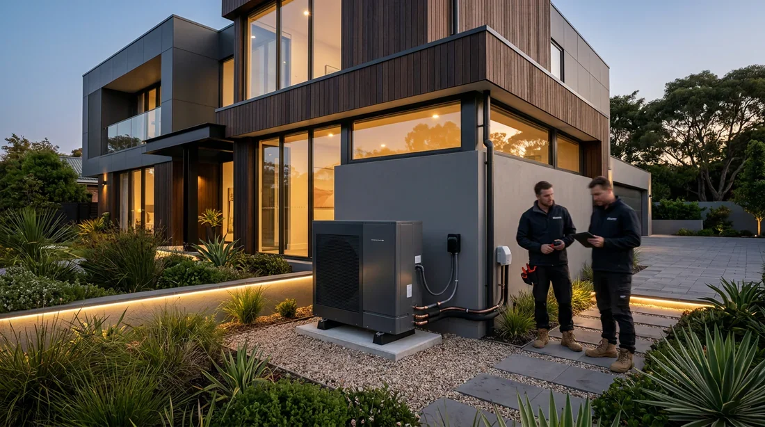 Installation d'une pompe à chaleur Unité extérieure de pompe à chaleur installée dans un jardin