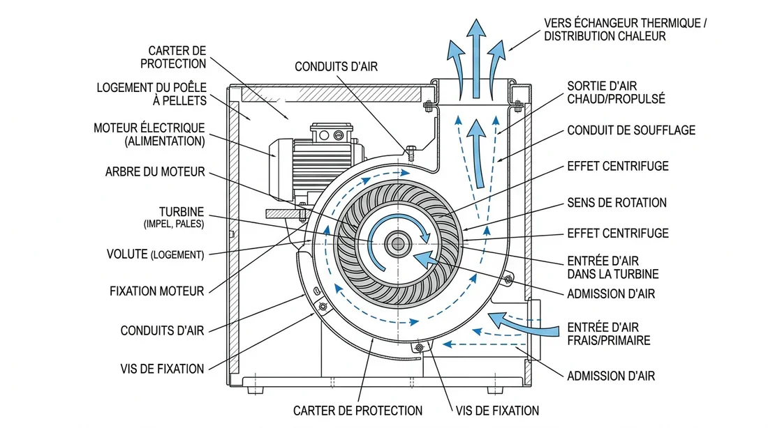 Schéma technique d'un ventilateur de poêle à granulés