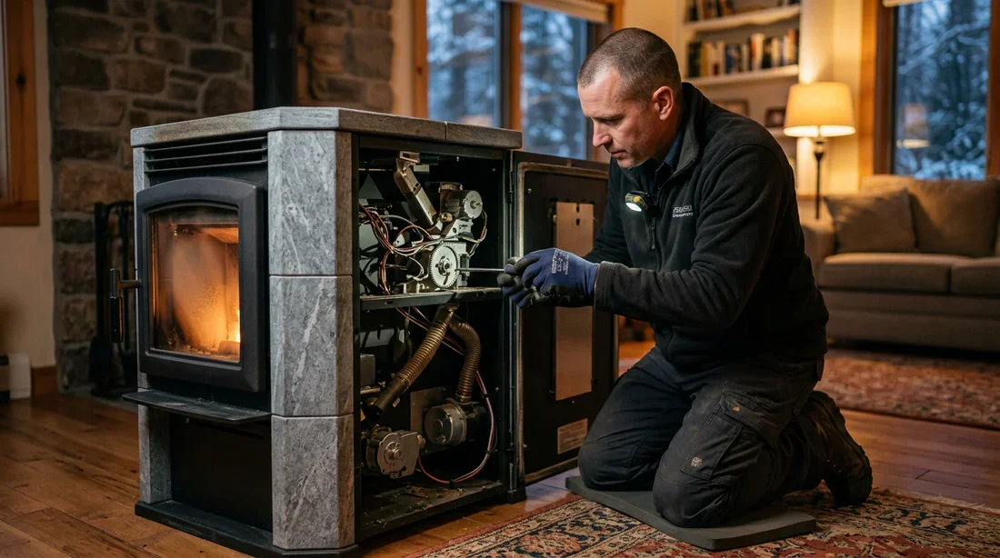 Un technicien répare un poêle à granulés moderne en hiver
