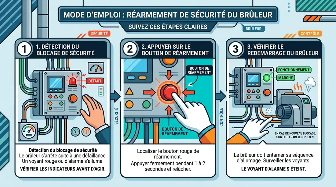 Infographie illustrant l'appui sur le bouton de réarmement du brûleur