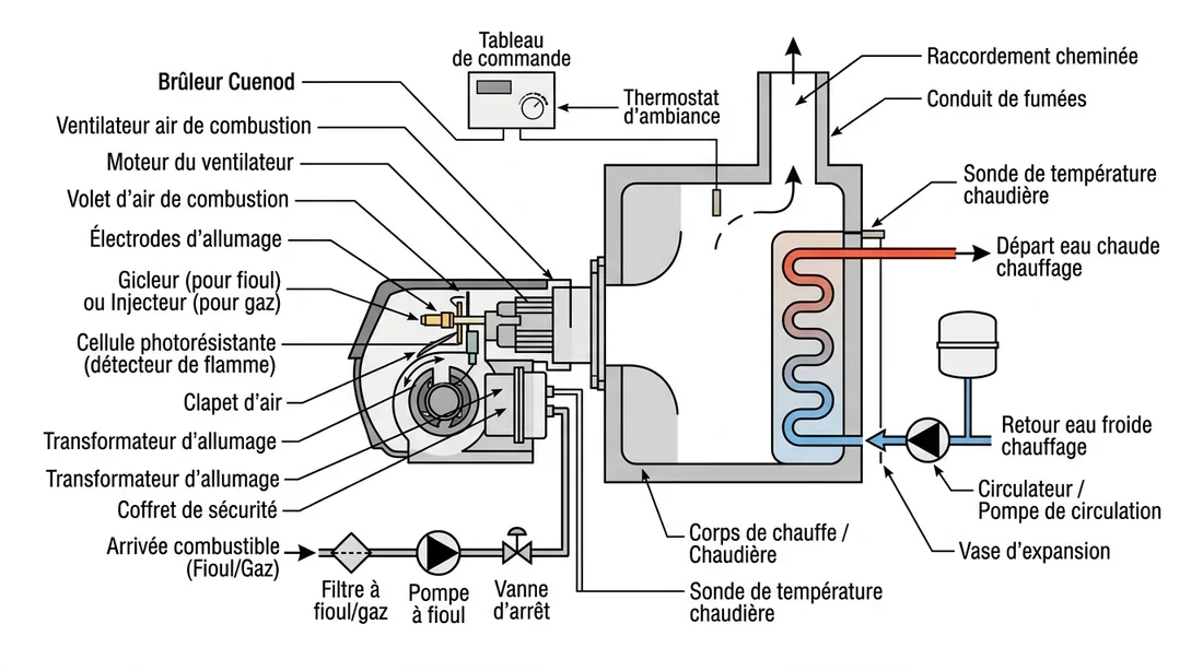 Schéma technique des composants d'un brûleur fioul Cuenod