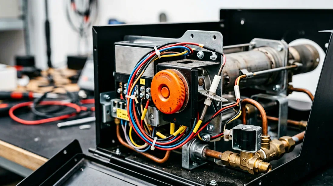 Vue détaillée d'un brûleur Cuenod NC4 ouvert avec focus sur le bouton de réarmement