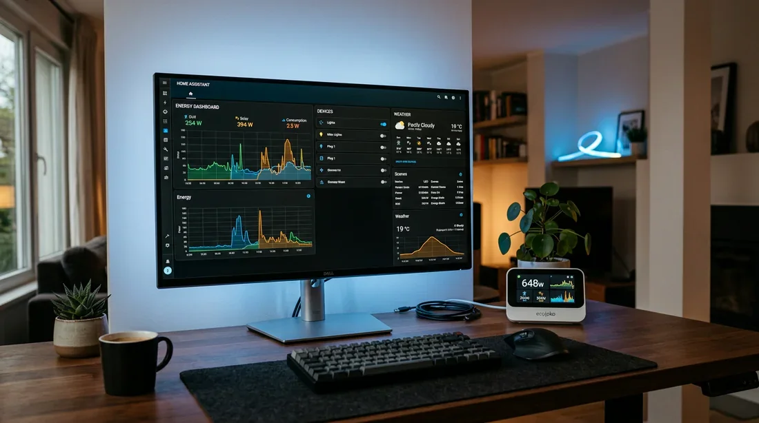 Configuration Home Assistant et Ecojoko Tableau de bord Home Assistant et capteur Ecojoko sur un bureau