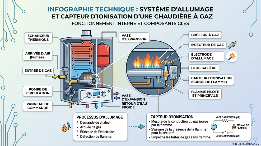 Fonctionnement du brûleur et capteur d'ionisation Schéma technique du système d'allumage d'une chaudière