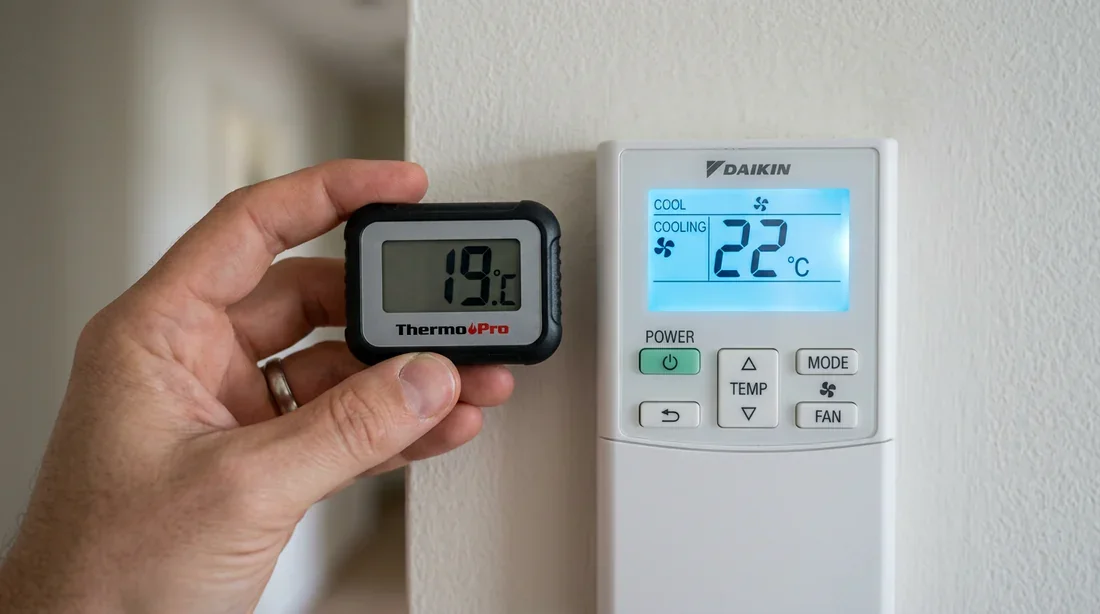 Problème de décalage de température sur télécommande Daikin Main tenant un thermomètre d'ambiance à 19°C à côté d'une télécommande Daikin affichant 22°C