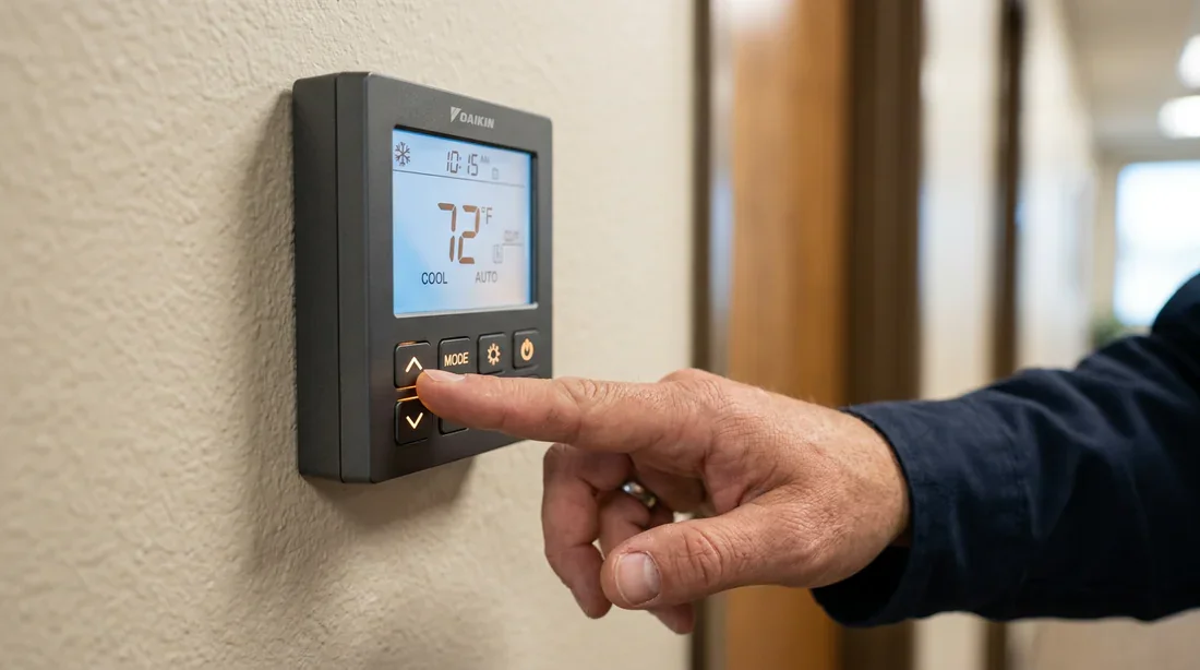 Procédure de calibration du capteur Daikin Technicien ajustant les paramètres de calibration sur le boîtier Daikin