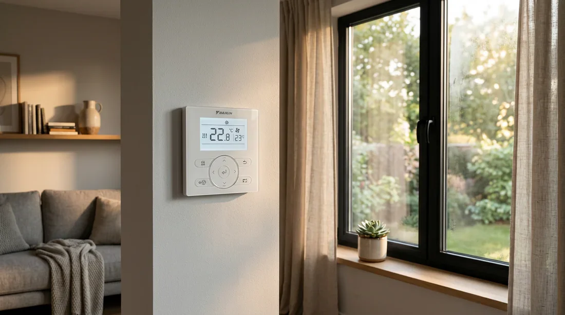 Emplacement du thermostat mural Daikin Télécommande murale Daikin installée dans un salon moderne près d'une fenêtre