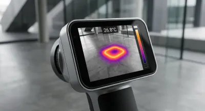 Caméra thermique affichant un point chaud sur un sol moderne pour localiser une fuite