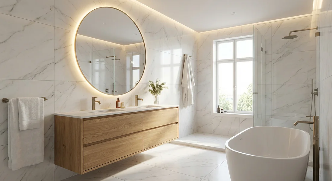 Miroir rond rétro-éclairé au-dessus d'une double vasque dans une salle de bain moderne et lumineuse