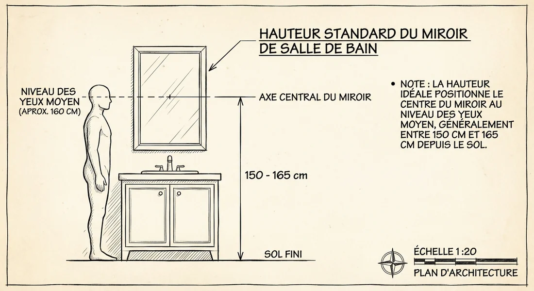 Schéma technique indiquant la hauteur standard de pose d'un miroir de salle de bain