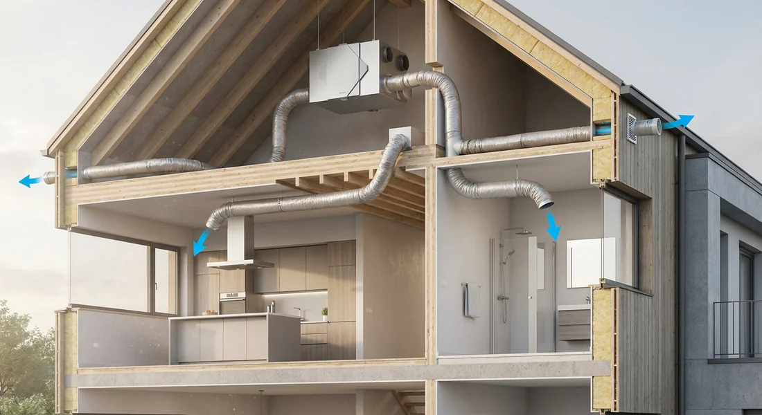 Coupe technique d'une maison avec caisson VMC en combles et gaines vers la cuisine et la salle de bain