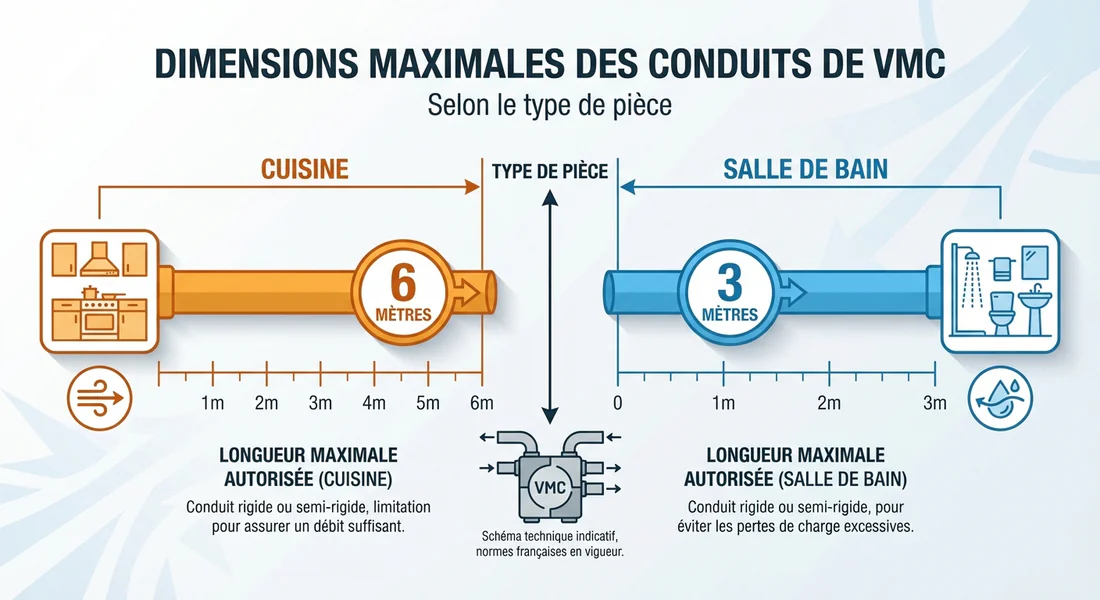Infographie des longueurs maximales de gaines VMC par type de pièce