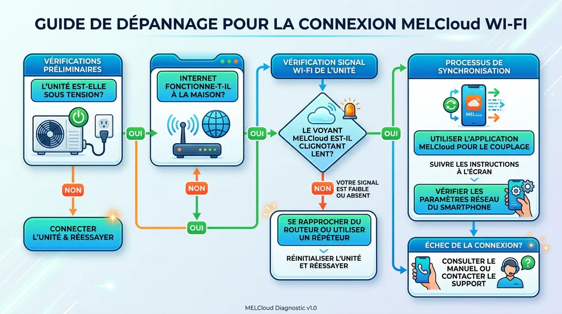 Infographie du guide de dépannage de la connexion Wi-Fi MELCloud