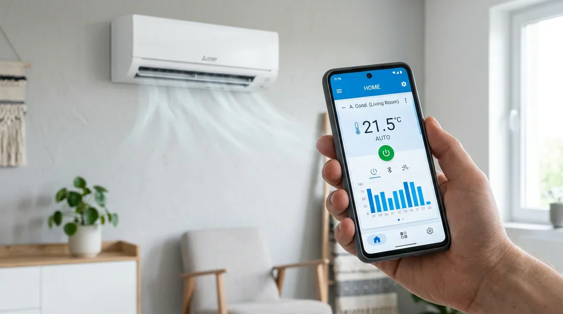 Main tenant un smartphone avec l'application MELCloud devant un climatiseur Mitsubishi Electric