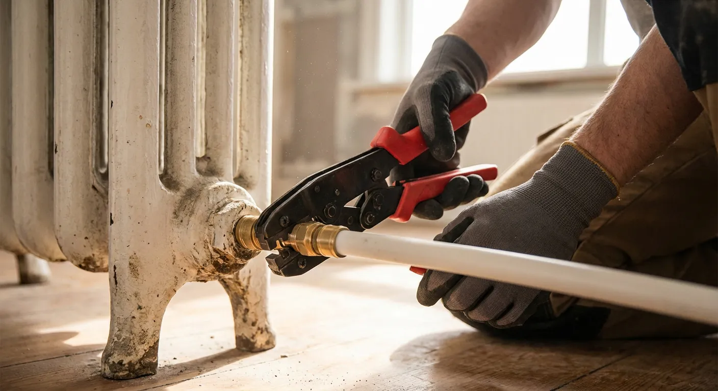 Technique de raccordement du multicouche Action de sertissage d'un tube multicouche pour le raccordement d'un circuit de chauffage