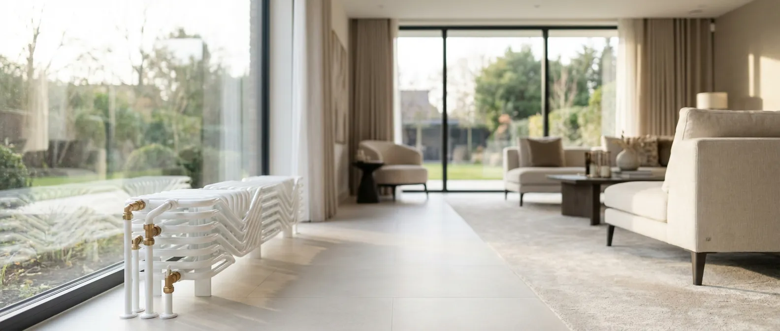 Installation premium de chauffage en multicouche Raccordement impeccable d'un tuyau multicouche sur un radiateur design dans un intérieur moderne et lumineux